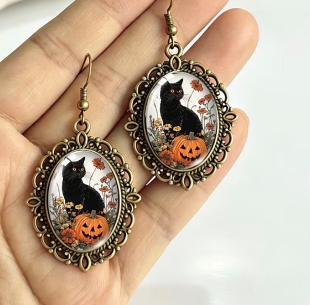 Black Cat Earrings Jack-o-Lantern Halloween Dangle Earrings Bronze Frame